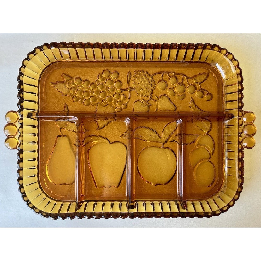 VTG Indiana Glass ~Amber ~Divided Embossed Fruit Relish Snack Glass Dish /Tray